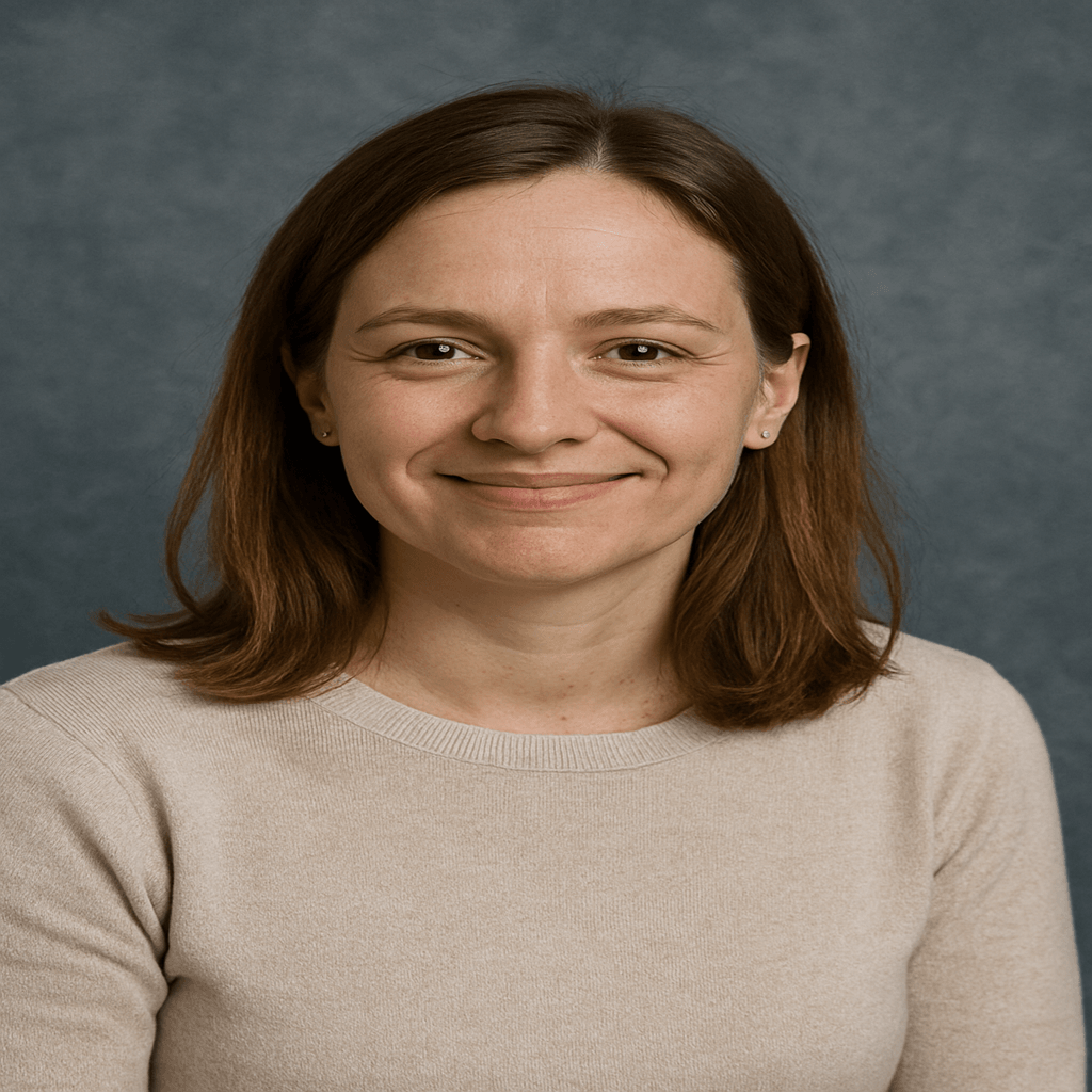 Porträt einer freundlich lächelnden Frau mit braunen Haaren und beigem Pullover vor blau-grauem Hintergrund.