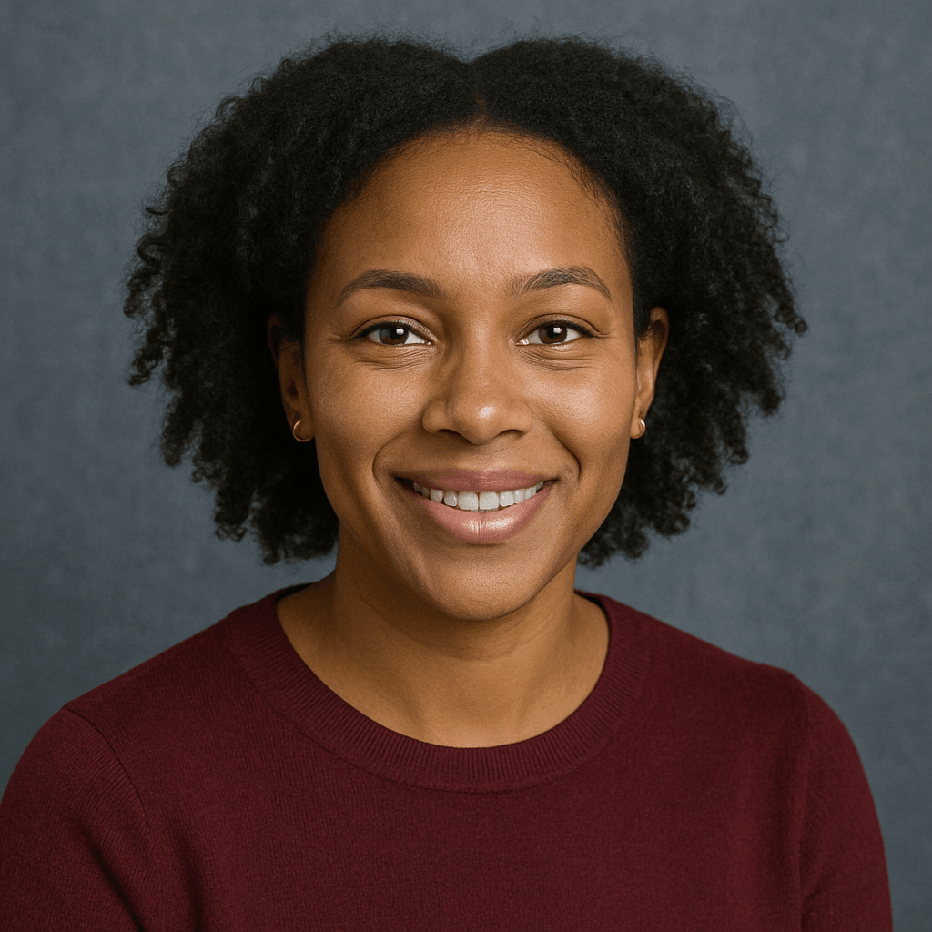 Porträt einer lächelnden Frau mit lockigem Haar und burgunderrotem Pullover vor blau-grauem Hintergrund.