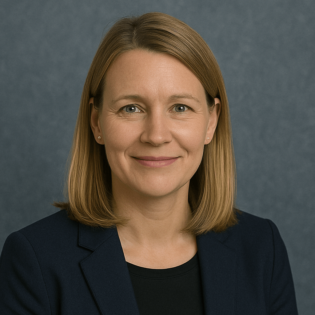 Porträt einer Frau mit blonden Haaren und dunkelblauem Blazer vor blau-grauem Hintergrund.